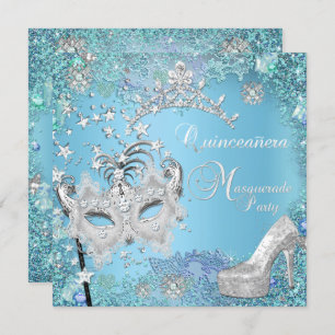 Masquerade Quinceanera 15th Party Blue Tiara Shoe Invitation