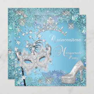Masquerade Quinceanera 15th Party Blue Tiara Shoe Invitation