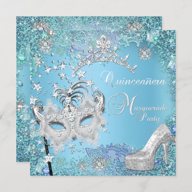 Masquerade Quinceanera 15th Party Blue Tiara Shoe Invitation (Front/Back)