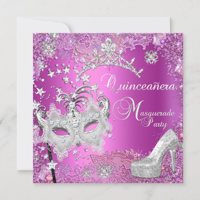 Masquerade Quinceanera 15th Party Pink Tiara Shoe Invitation (Front)