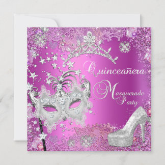 Masquerade Quinceanera 15th Party Pink Tiara Shoe Invitation