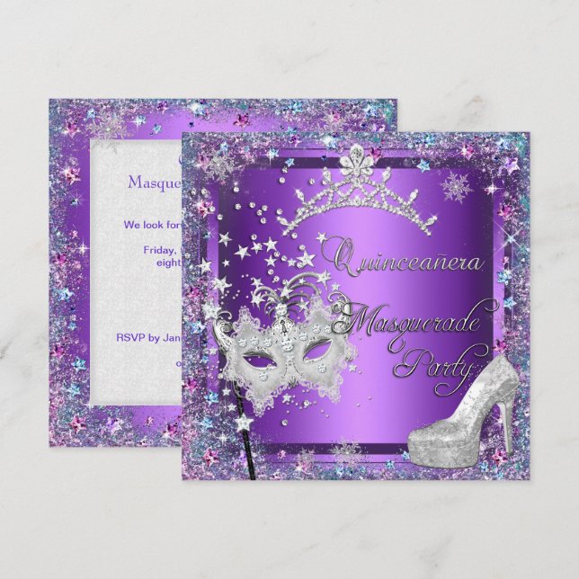 Masquerade Quinceanera 15th Party Purple Tiara Invitation (Front/Back)