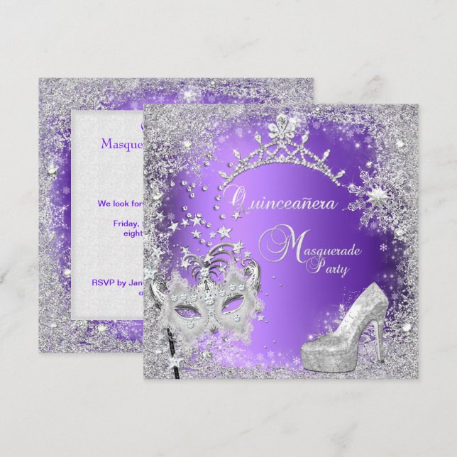 Masquerade Quinceanera 15th Purple Tiara Shoe Invitation (Front/Back)