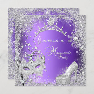 Masquerade Quinceanera 15th Purple Tiara Shoe Invitation