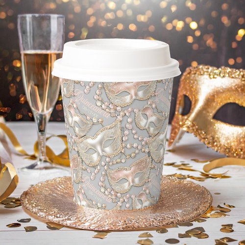 Masquerade Quinceanera Bead Masks Rose Gold ID1031 Paper Cups