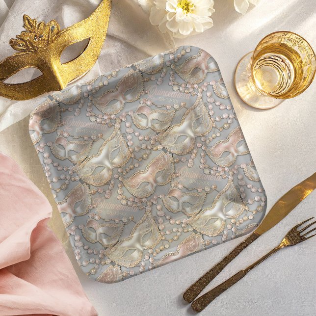 Masquerade Quinceanera Bead Masks Rose Gold ID1031 Paper Plates (Creator Uploaded)