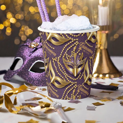 Masquerade Quinceanera Beads Masks Purple ID1031 Paper Cups