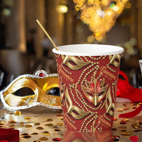 Masquerade Quinceanera Beads Masks Red ID1031 Paper Cups