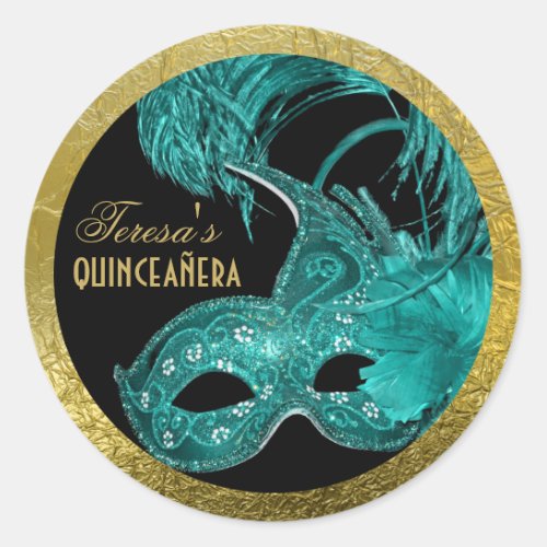 Masquerade quinceaera birthday aqua mask classic round sticker