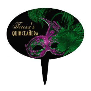 Masquerade quinceañera birthday green, pink mask cake topper