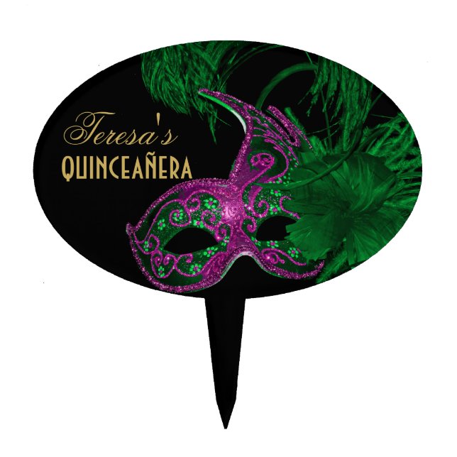 Masquerade quinceañera birthday green, pink mask cake topper (Front)