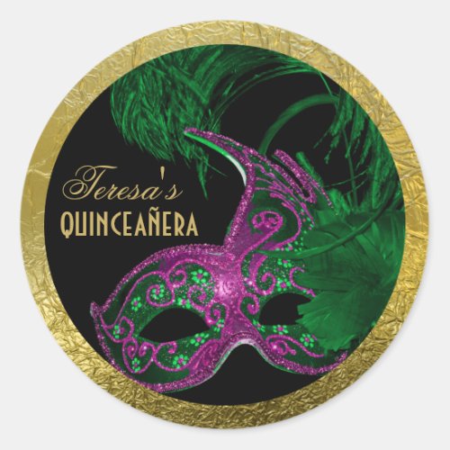 Masquerade quinceaera birthday green pink mask classic round sticker