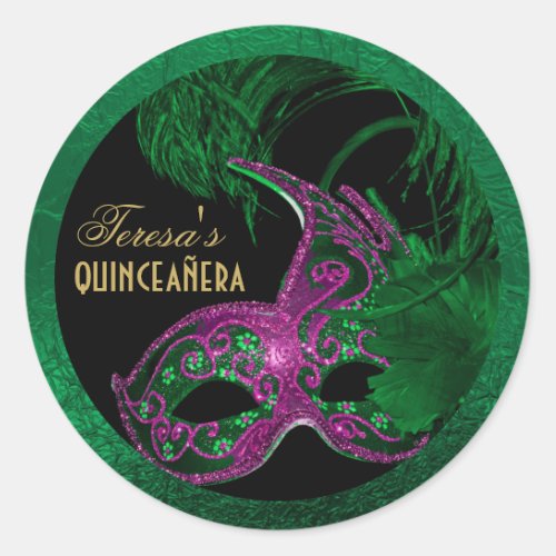 Masquerade quinceaera birthday green pink mask classic round sticker