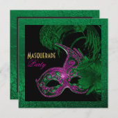 Masquerade quinceañera birthday green, pink mask invitation (Front/Back)