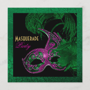 Masquerade quinceañera birthday green, pink mask invitation