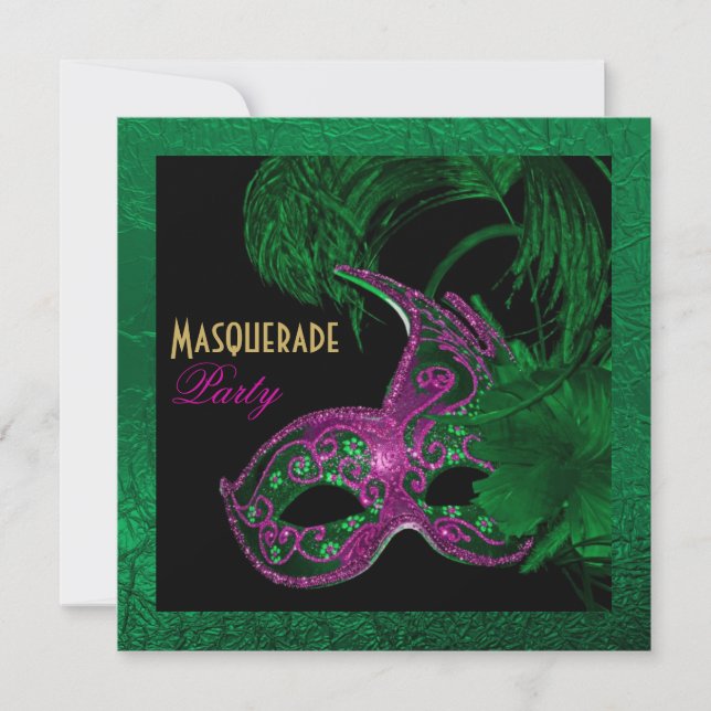 Masquerade quinceañera birthday green, pink mask invitation (Front)
