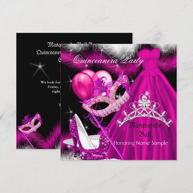 Masquerade Quinceanera Birthday Party Pink 3 Invitation (Front/Back)