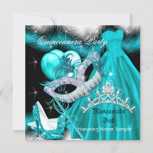 Masquerade Quinceanera Birthday Party Teal 3 Invitation