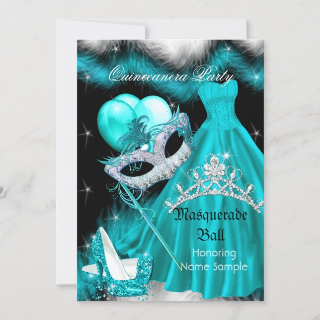 Masquerade Quinceanera Birthday Party Teal 3a Invitation (Front)