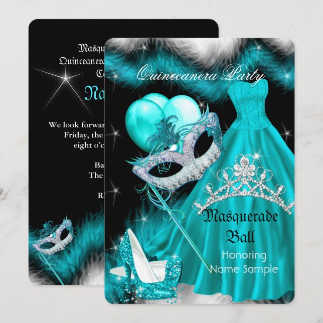 Masquerade Quinceanera Birthday Party Teal 3a Invitation (Front/Back)