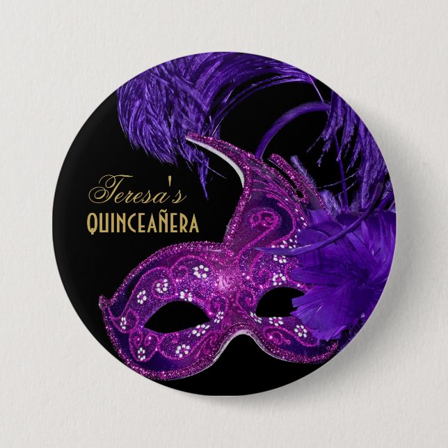 Masquerade quinceañera birthday pink, purple mask button (Front)