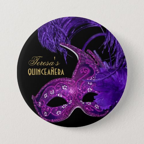 Masquerade quinceaera birthday pink purple mask button