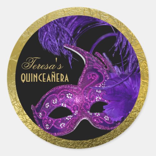 Masquerade quinceaera birthday pink purple mask classic round sticker