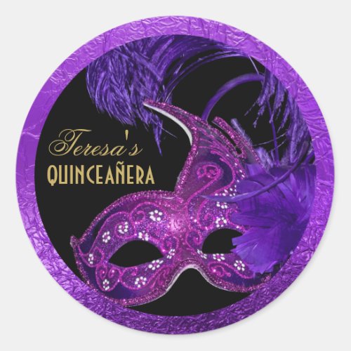 Masquerade quinceaera birthday pink purple mask classic round sticker