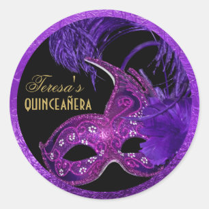 Masquerade quinceañera birthday pink, purple mask classic round sticker