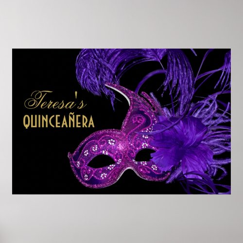 Masquerade quinceaera birthday pink purple mask poster