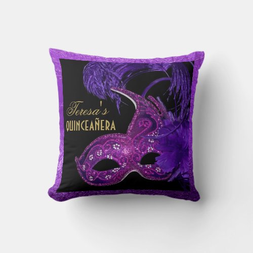 Masquerade quinceaera birthday pink purple mask throw pillow