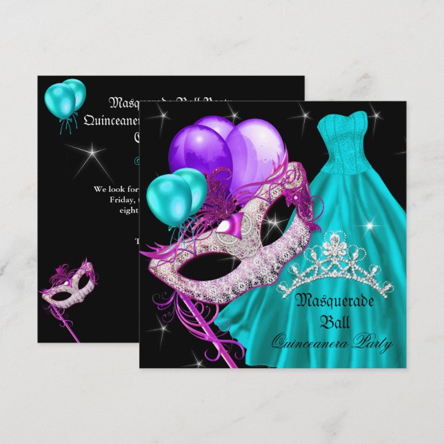 Masquerade Quinceanera Birthday Teal Purple Invitation (Front/Back)