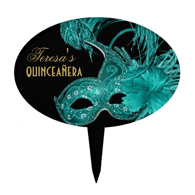 Masquerade quinceañera birthday turquoise mask cake topper (Front)