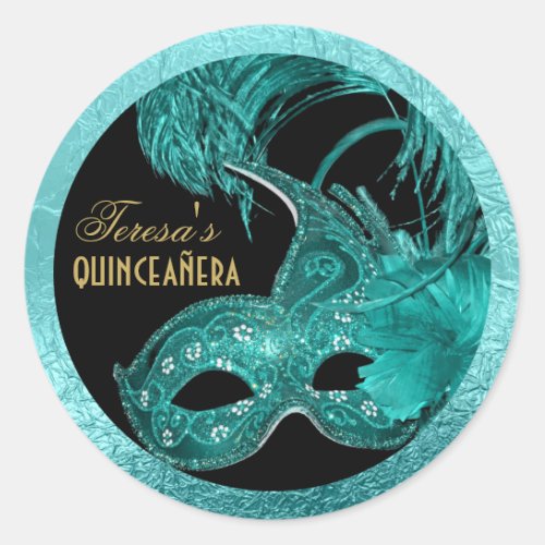 Masquerade quinceaera birthday turquoise mask classic round sticker