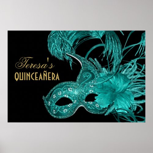 Masquerade quinceaera birthday turquoise mask poster
