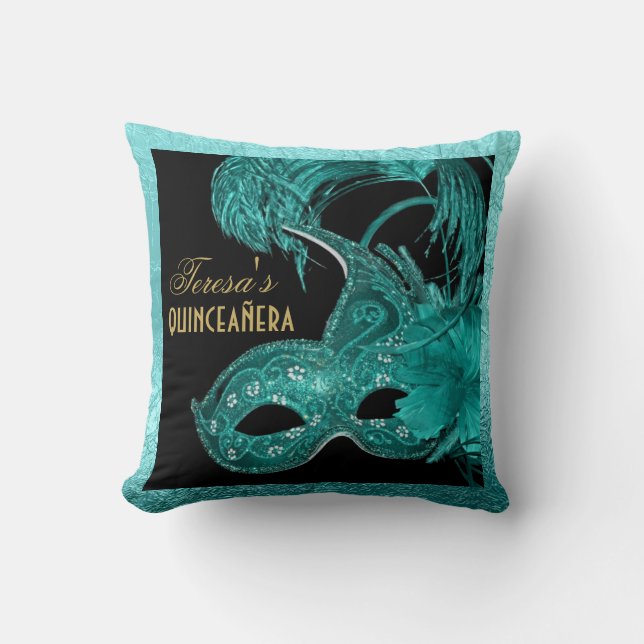 Masquerade quinceañera birthday turquoise mask throw pillow (Front)