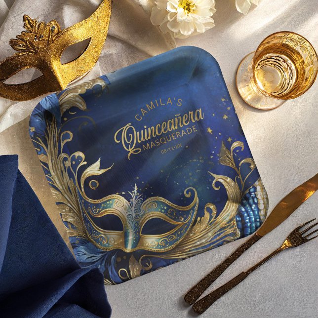 Masquerade Quinceanera Blue Gold ID1031 Paper Plates (Creator Uploaded)