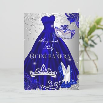 Masquerade Quinceanera Blue Silver Dress Heels Invitation | Zazzle