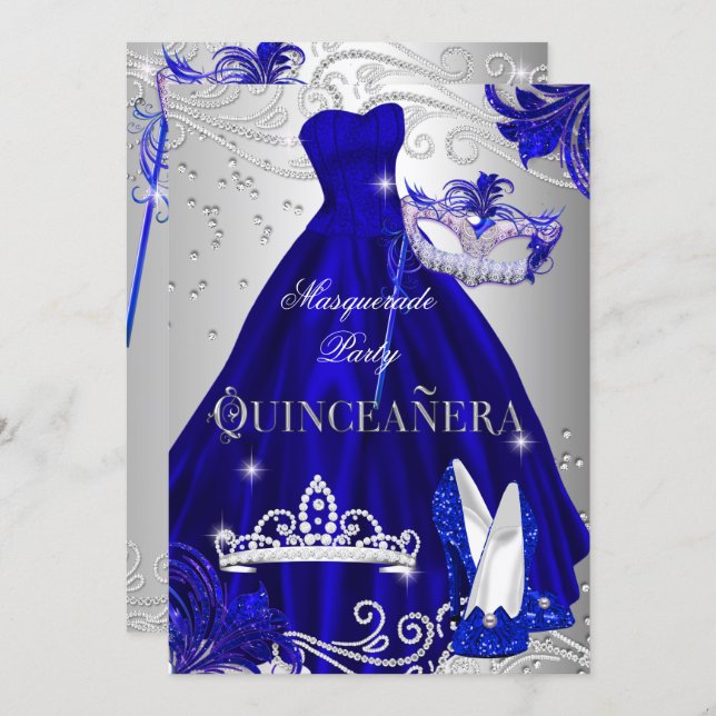 Masquerade Quinceanera Blue Silver Dress Heels Invitation (Front/Back)