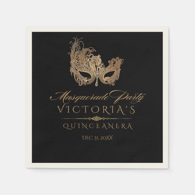 Masquerade Quinceanera Chic Black Gold Napkins (Front)