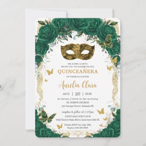 Masquerade Quinceaera Emerald Green Floral Gold Invitation