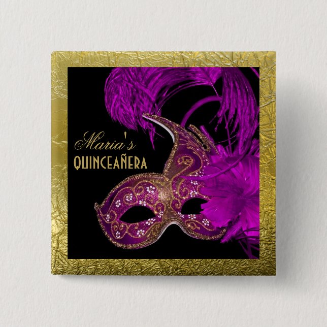 Masquerade quinceañera fifteenth birthday purple button (Front)