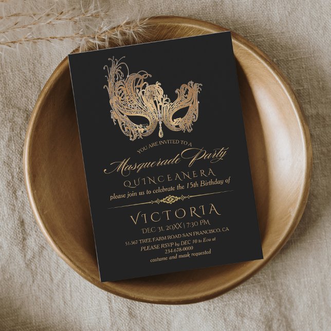 Masquerade Quinceanera Gold & Black  Invitation (Creator Uploaded)