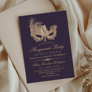  Masquerade Quinceanera Gold & Purple Invitation