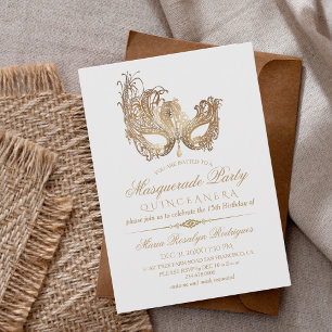 Masquerade Quinceanera Gold & White Invitation