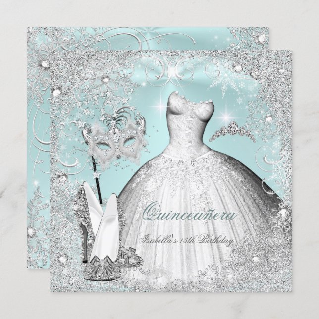 Masquerade Quinceanera Mint Blue Silver Snowflakes Invitation (Front/Back)