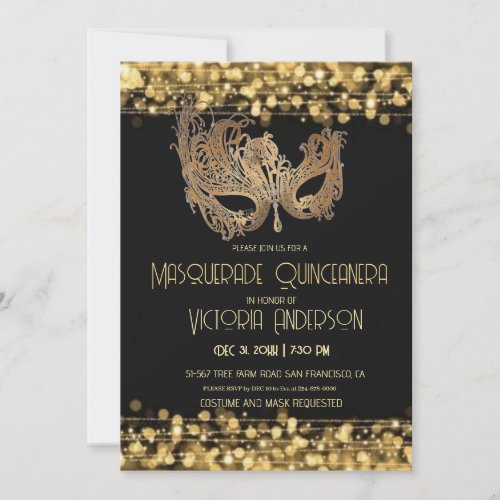  Masquerade Quinceanera Party Birthday Gold Black Invitation