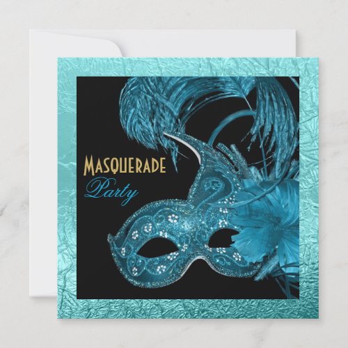 Masquerade quinceañera  party blue, gold foil custom invites
