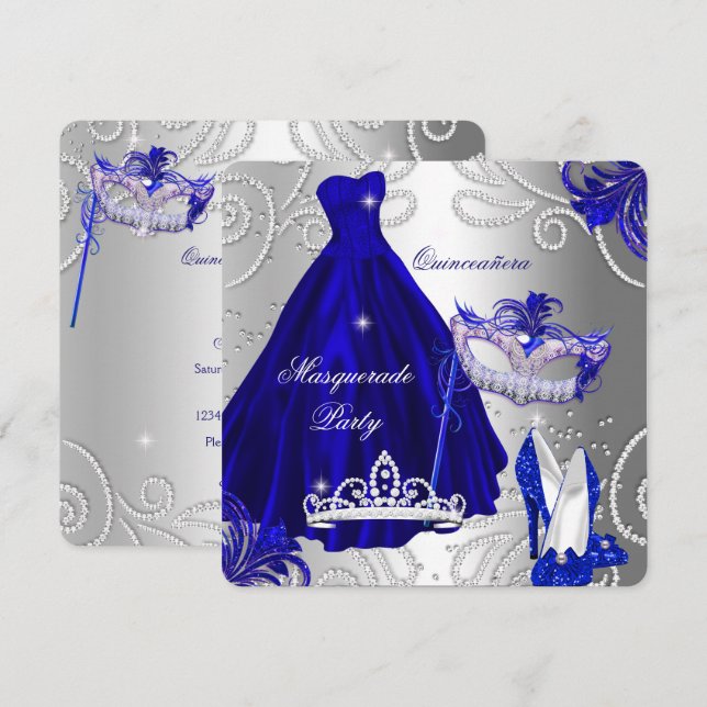 Masquerade Quinceanera Party Blue Silver Dress Invitation (Front/Back)