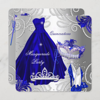 Masquerade Quinceanera Party Blue Silver Dress Invitation